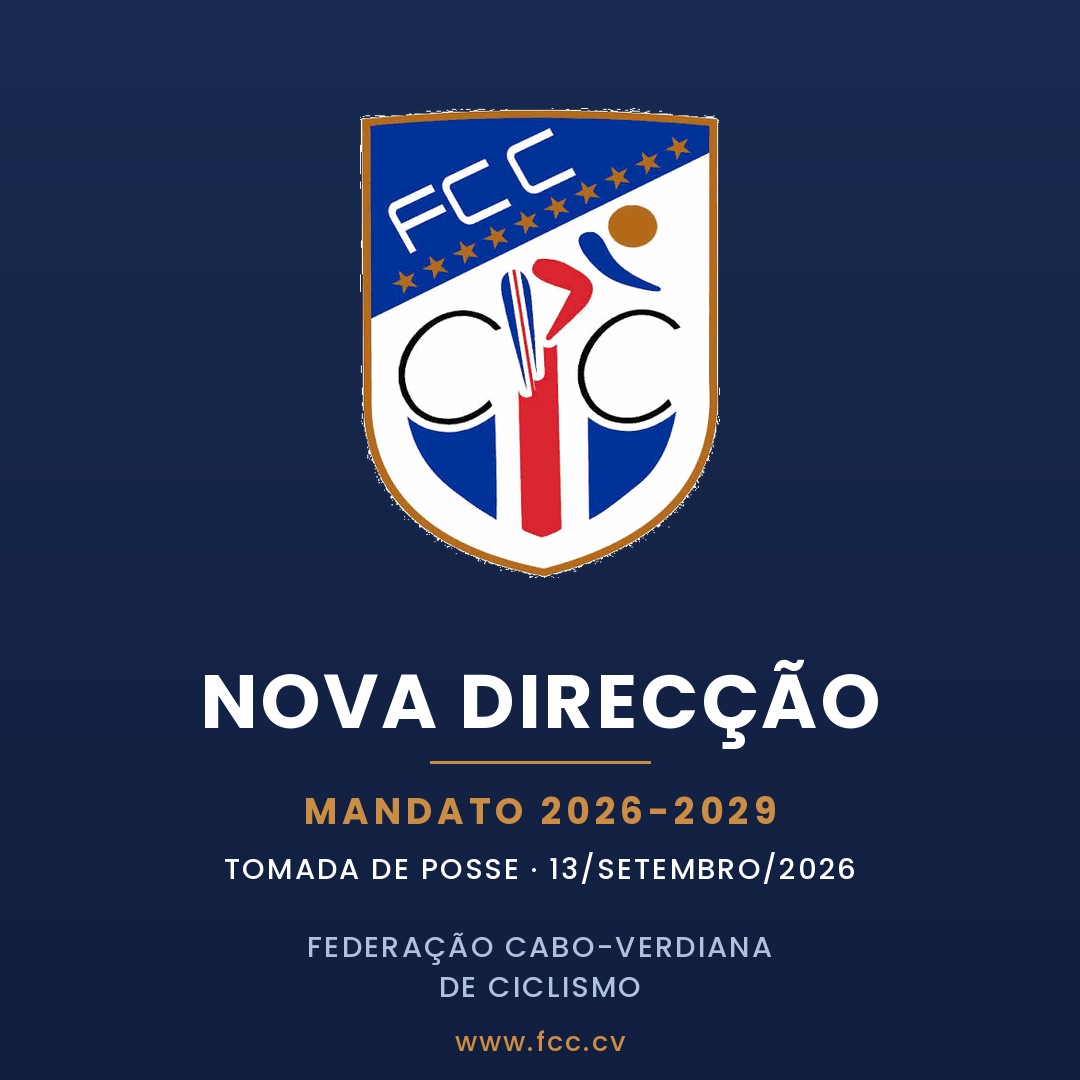 Emblema da Federa&ccedil;&atilde;o Cabo-verdiana de Ciclismo com a indica&ccedil;&atilde;o Nova Direc&ccedil;&atilde;o, mandato 2026-2029, tomada de posse a 13 de Setembro de 2026